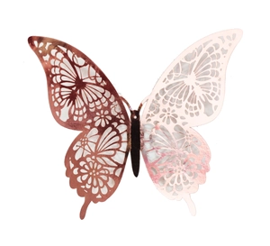 Detail of rose gold 3D hollow butterfly wall sticker with intricate floral lace pattern