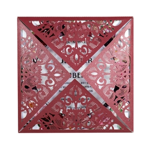 Burgundy laser-cut window-style wedding invitation card with elegant floral inner page