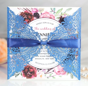 Laser Cut Wedding Invitation Cards Glitter Artificial Pearl Paper Hollow Lace Floral Inner Card Envelope Ribbon For Engagement Party