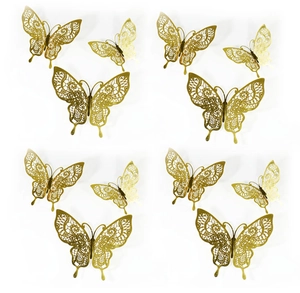Detail showing 12 pieces of golden 3D butterfly wall stickers with hollow lace patterns