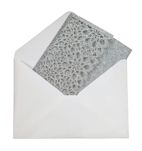 Elegant laser cut silver glitter wedding invitation card with intricate floral patterns