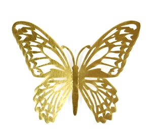 Macro shot of 3D gold butterfly wall sticker with hollow-out laser-cut geometric patterns