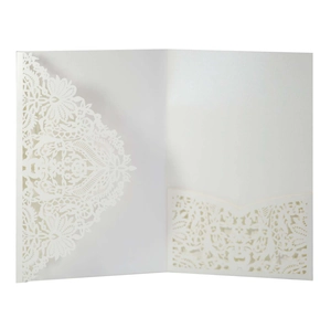 Macro detail of laser-cut lace pattern on white pearlescent paper invitation card