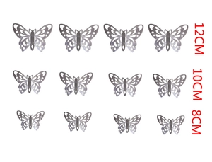 Set of 12 silver hollow butterfly wall stickers in three sizes 8cm 10cm and 12cm