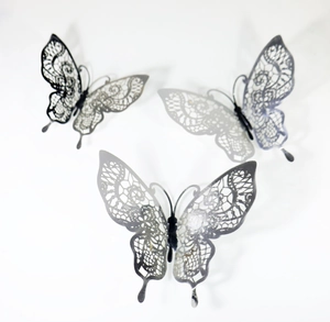 3D hollow laser-cut rose gold butterfly wall stickers with intricate lace patterns