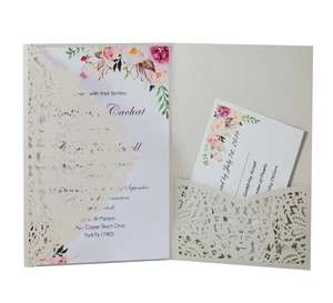 Detailed laser cut lace wedding invitation set with floral inner card and RSVP