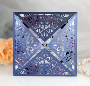 Square navy blue laser-cut lace wedding invitation made of high-quality pearl paper