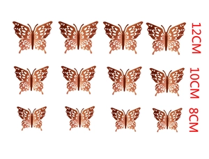 Set of 12 rose gold 3D hollow butterfly wall stickers in sizes 12cm, 10cm, and 8cm