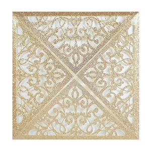 Champagne gold glitter laser cut square wedding invitation with elegant floral patterns