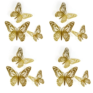 Detailed laser-cut hollow golden butterfly wall stickers with 3D metallic reflective effect