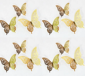 3D metallic hollow butterfly wall stickers in gold and bronze for home and wedding decor