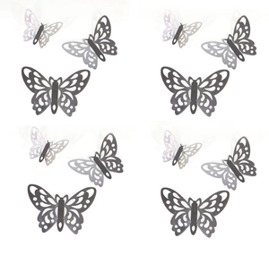 Laser-cut silver hollow butterfly wall stickers in three sizes for party home decoration