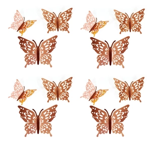 Macro view of 3D hollow rose gold butterfly wall stickers with intricate laser-cut wing patterns