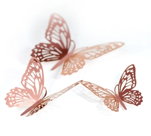 Detail of three rose gold 3D hollow butterfly wall stickers with foldable wings on white background