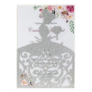 Elegant laser cut wedding invitation with silver glitter bridal silhouette and floral insert