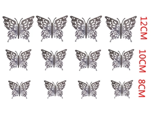 Set of 12 silver hollow 3D butterfly wall stickers in three sizes 8cm 10cm 12cm