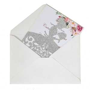 Elegant laser cut bridal silhouette wedding invitation with silver glitter and floral insert