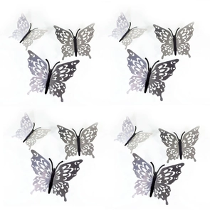 3D hollow silver metallic butterfly wall stickers set with intricate cutout patterns