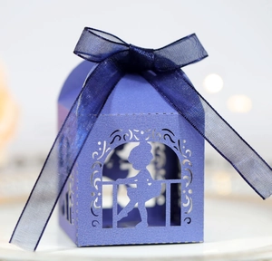 Laser cut purple candy box with ballerina silhouette and blue organza ribbon