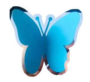 Detail showing vivid sky blue 3D butterfly wall sticker with realistic wing contours