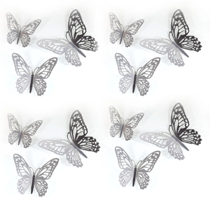 Set of 12 3D hollow silver butterfly wall stickers in varied sizes with a metallic finish