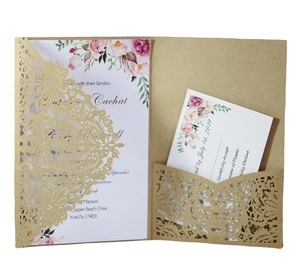 Laser cut kraft paper wedding invitation set with lace pattern and floral cards