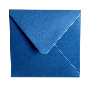 Close-up of a square navy blue pearlescent paper envelope with a classic V-flap design