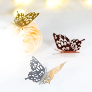3D hollow gold and silver butterfly wall stickers with metallic wings for party decor