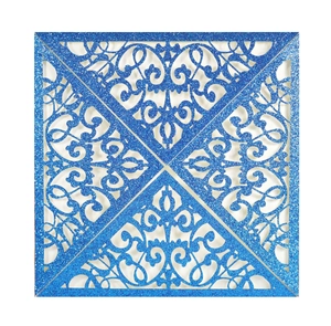 Blue glitter laser-cut lace wedding invitation cover with elegant baroque floral pattern