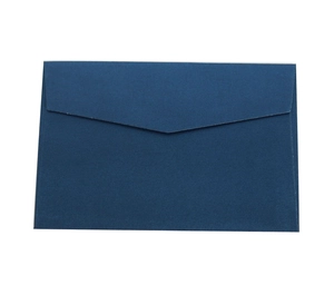 Macro shot of deep blue pearlescent paper envelope with V-shaped flap and fine texture