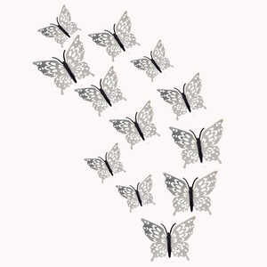 Set of 12 silver 3D hollow butterfly wall stickers with elegant metallic cutout design