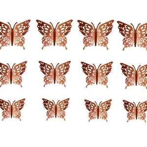 12-piece 3D rose gold hollow butterfly wall stickers with metallic mirror finish in 3 sizes