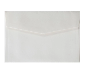 Macro shot of ivory pearl paper envelope with elegant V-flap for wedding invitations