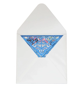 Detailed laser cut blue glitter wedding invitation with pink floral inner page and white envelope
