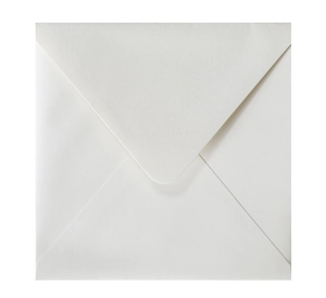 Macro shot of white square pearl paper envelope with a classic V-flap closure detail