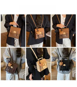 Collage of women's vintage mini backpacks in various colors with cute bear pendant