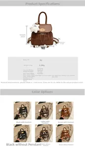 Detailed size specifications for a retro PU leather backpack with bear charm accessories