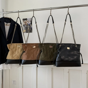 Quilted faux suede tote bags with chain straps in apricot, coffee, green, and black