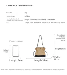 Size chart for quilted tote bag with chain strap, showing 34x8x30cm dimensions in detail