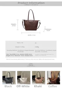 Detail specifications of plaid tote bag including PU material, weight, and 31x21x13cm dimensions