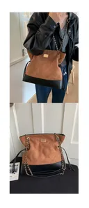 Detail of brown quilted tote bag with gold chain strap and smooth black leather base