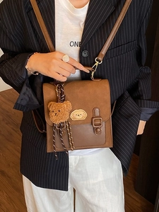 Retro brown small backpack for women with puppy patch and cute plush bear charm
