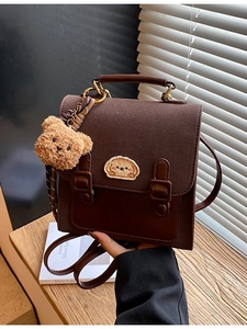 Retro brown contrast faux leather mini backpack with cute bear charm and animal embroidery