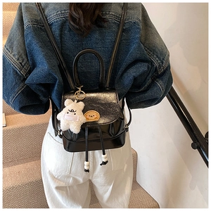 Glossy black PU leather mini backpack with cute teddy pendant and puppy embroidery detail