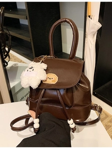 Vintage dark brown PU leather backpack with cute dog patch and white bear charm decoration