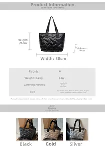 Quilted tote bag detailed size chart and color options in black, gold, and silver