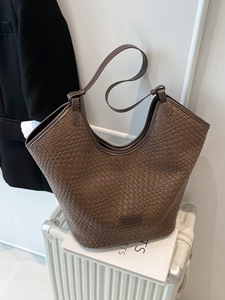 Women Casual PU Leather Woven Tote Bag Fashion Large Capacity Bucket Shoulder Bag For Daily Commuting Office Travel Handbag