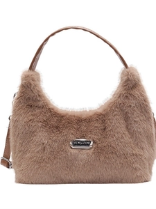 Sac bandoulière pelucheux kaki en fausse fourrure avec poignées cuir et plaque métal