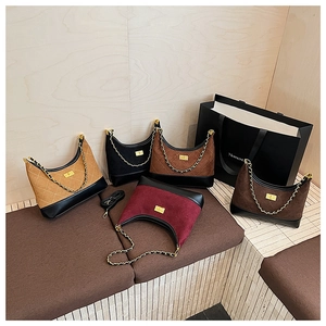 Detail view of quilted chain shoulder bags in khaki, black, burgundy, and coffee colors