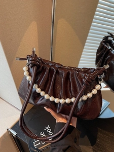 Women Ruched Shoulder Bag Glossy PU Leather Underarm Crossbody Bag With Large Artificial Pearl Chain Decor Fashion Clutch For Party